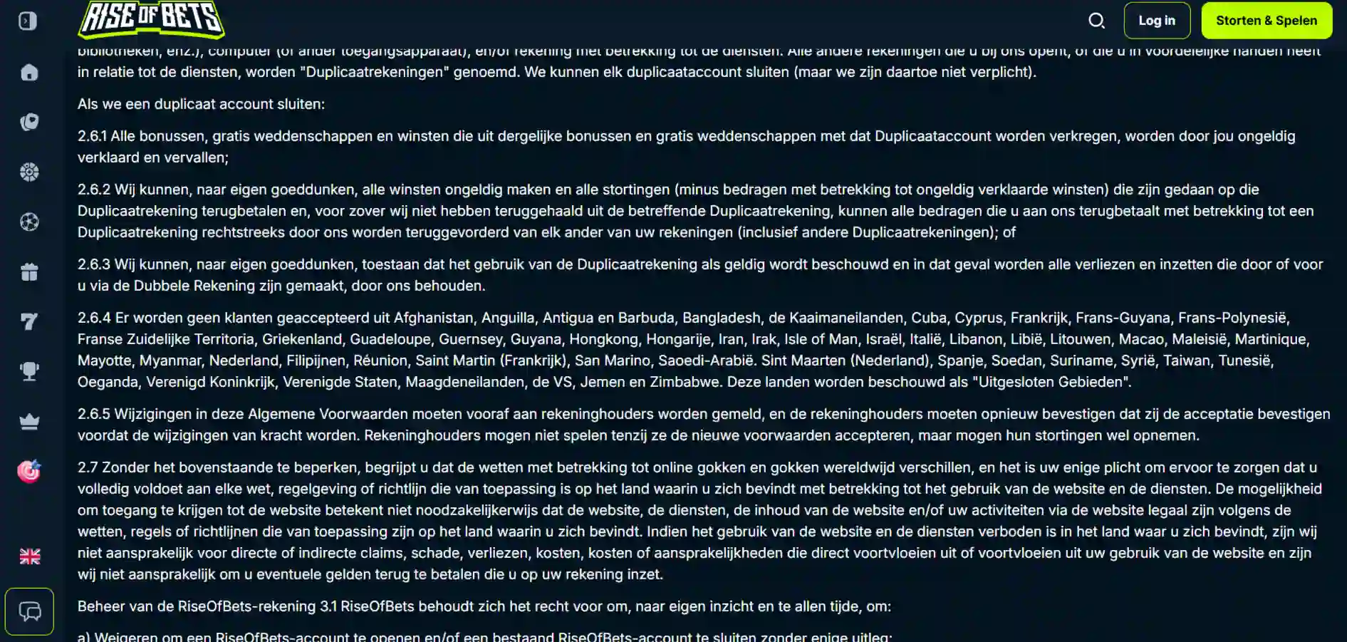 Officiële RiseOfBets-voorwaarden waarin Nederland als uitgesloten gebied staat